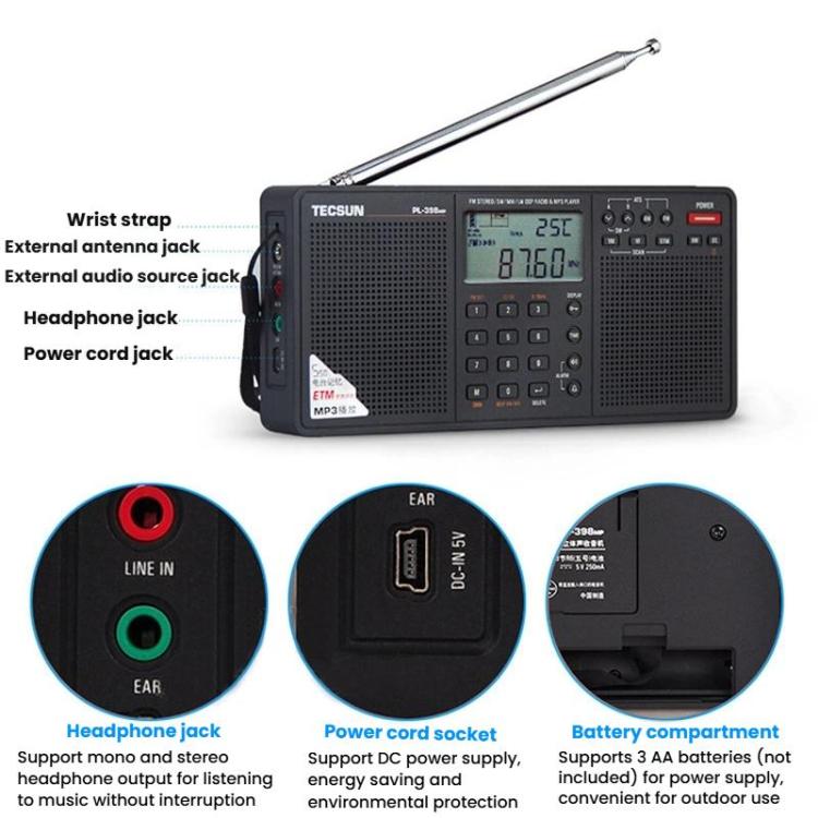 TECSUN PL-398MP Stereo Portable Full-Band Digital Tuning Radio Support SD Card Playback, Spec: Standard(Black) - Radio Player by TECSUN | Online Shopping UK | buy2fix