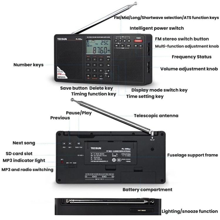 TECSUN PL-398MP Stereo Portable Full-Band Digital Tuning Radio Support SD Card Playback, Spec: Standard(Black) - Radio Player by TECSUN | Online Shopping UK | buy2fix