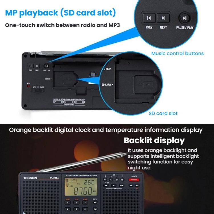 TECSUN PL-398MP Stereo Portable Full-Band Digital Tuning Radio Support SD Card Playback, Spec: Standard(Black) - Radio Player by TECSUN | Online Shopping UK | buy2fix