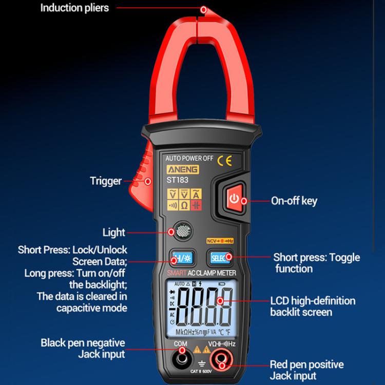 ANENG ST183 600A Digital Clamp Meter With NCV, 4000 Counts, Tests Continuity/Resistance/Capacitance/Diode, Audible & Visual Alarm(Black) - Digital Multimeter by ANENG | Online Shopping UK | buy2fix