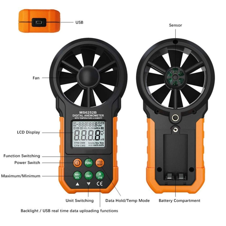 PEAKMETER High-precision Digital Display Wind Speed Air Volume Measuring Instrument MS6252B Temperature, Humidity, USB - Tachometers & Anemometer by buy2fix | Online Shopping UK | buy2fix
