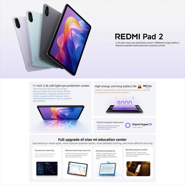 REDMI Pad 2 11 inch Tablet PC, Soft Light Edition 8GB+128GB, HyperOS 2, MediaTek G100-Ultra Octa Core CPU (Grey) - Other by Xiaomi | Online Shopping UK | buy2fix