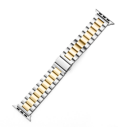 For Apple Watch Series 10 42mm / 9&8&7 41mm / SE 3&SE 2&6&SE&5&4 40mm / 3&2&1 38mm Fold Buckle 3 Beads Stainless Steel Watch Band (Gold + Silver) by buy2fix