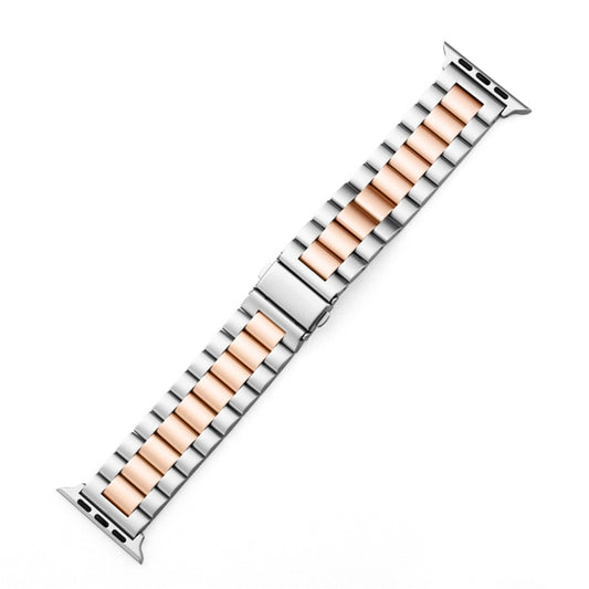 For Apple Watch Series 10 42mm / 9&8&7 41mm / SE 3&SE 2&6&SE&5&4 40mm / 3&2&1 38mm Fold Buckle 3 Beads Stainless Steel Watch Band (Silver+Rose Gold) by buy2fix