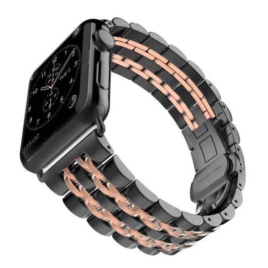 22mm Men Hidden Butterfly Buckle 7 Beads Stainless Steel Watch Band For Apple Watch 38mm(Black+Rose gold) by buy2fix
