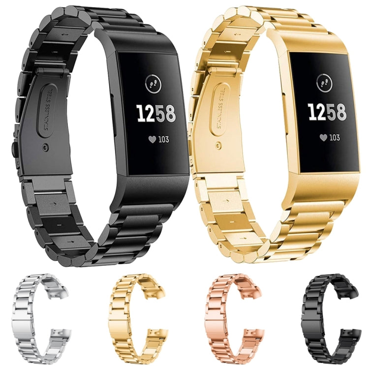 Three Beads Slingshot Buckle Solid Stainless Steel Watch Band for Fitbit Charge 3(Black) by buy2fix