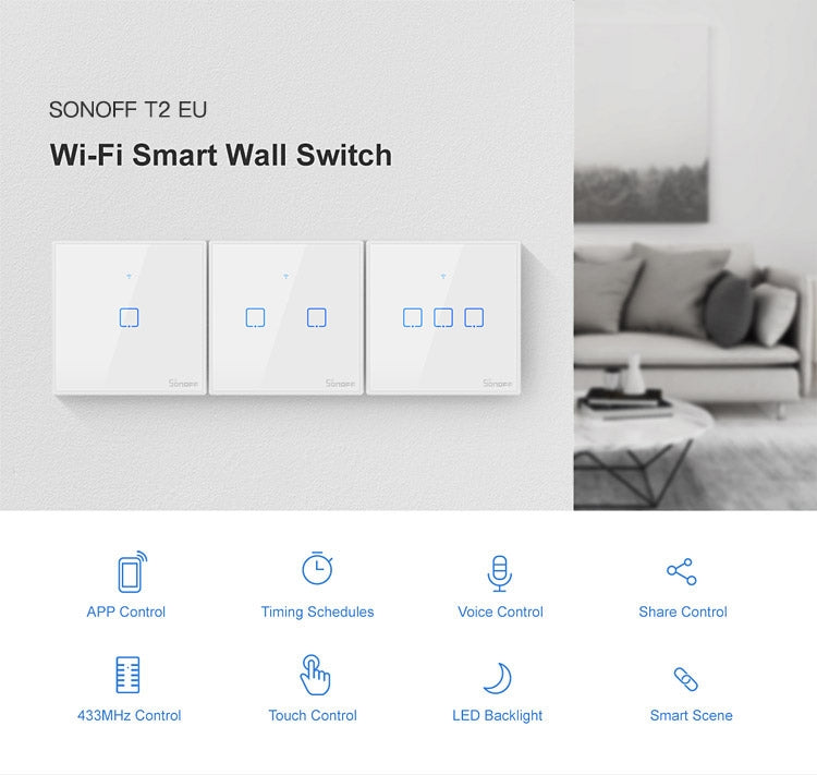 Sonoff T2 Touch 86mm Tempered Glass Panel Wall Switch Smart Home Light Touch Switch, Compatible with Alexa and Google Home, AC 100V-240V, EU Plug - by buy2fix | Online Shopping UK | buy2fix