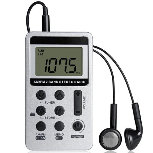 HRD-103 FM + AM Two Band Portable Radio with Lanyard & Headset(Silver) by buy2fix