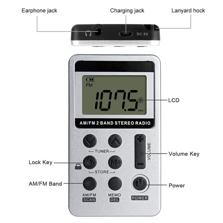 HRD-103 FM + AM Two Band Portable Radio with Lanyard & Headset(Silver) - Radio Player by buy2fix | Online Shopping UK | buy2fix