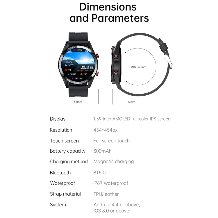 DW161.39 inch AMOLED Screen Smart Watch, Support Heart Rate / Blood Pressure Monitoring, Leather Strap(Black) by buy2fix