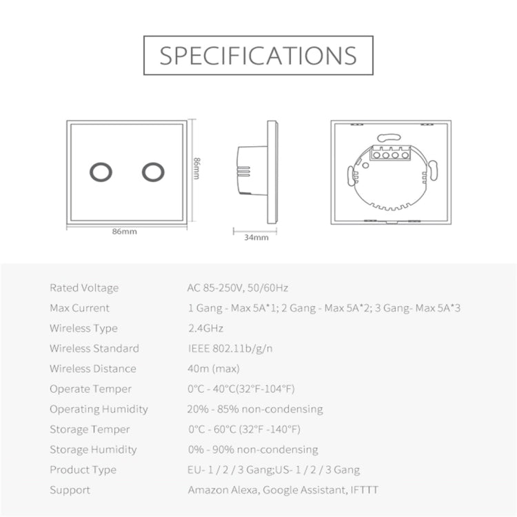 NEO NAS-SC02W Wireless WiFi EU Smart Light Control Switch 2Gang by NEO