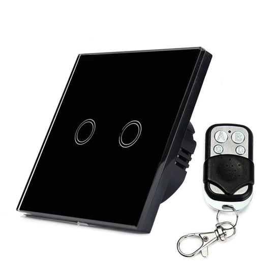 86mm 2 Gang Tempered Glass Panel Wall Switch Smart Home Light Touch Switch with RF433 Remote Controller, AC 110V-240V(Black) by buy2fix