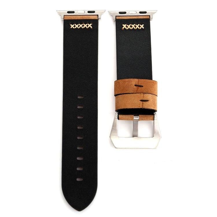 For Apple Watch Ultra 49mm&Watch Ultra 2 49mm / Series 10 46mm / 9&8&7 45mm / SE 3&SE 2&6&SE&5&4 44mm / 3&2&1 42mm Retro XX Line Pattern Genuine Leather Wrist Watch Band(Khaki) - Watch Bands by buy2fix | Online Shopping UK | buy2fix