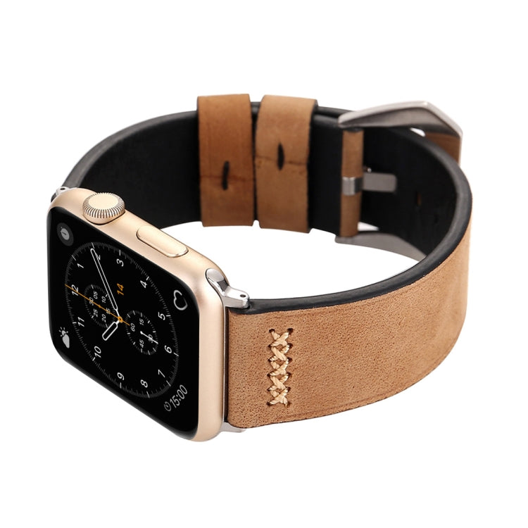 For Apple Watch Ultra 49mm&Watch Ultra 2 49mm / Series 10 46mm / 9&8&7 45mm / SE 3&SE 2&6&SE&5&4 44mm / 3&2&1 42mm Retro XX Line Pattern Genuine Leather Wrist Watch Band(Khaki) - Watch Bands by buy2fix | Online Shopping UK | buy2fix