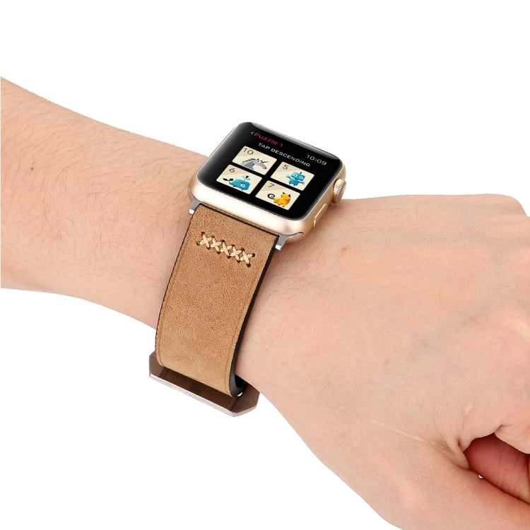 For Apple Watch Ultra 49mm&Watch Ultra 2 49mm / Series 10 46mm / 9&8&7 45mm / SE 3&SE 2&6&SE&5&4 44mm / 3&2&1 42mm Retro XX Line Pattern Genuine Leather Wrist Watch Band(Khaki) - Watch Bands by buy2fix | Online Shopping UK | buy2fix