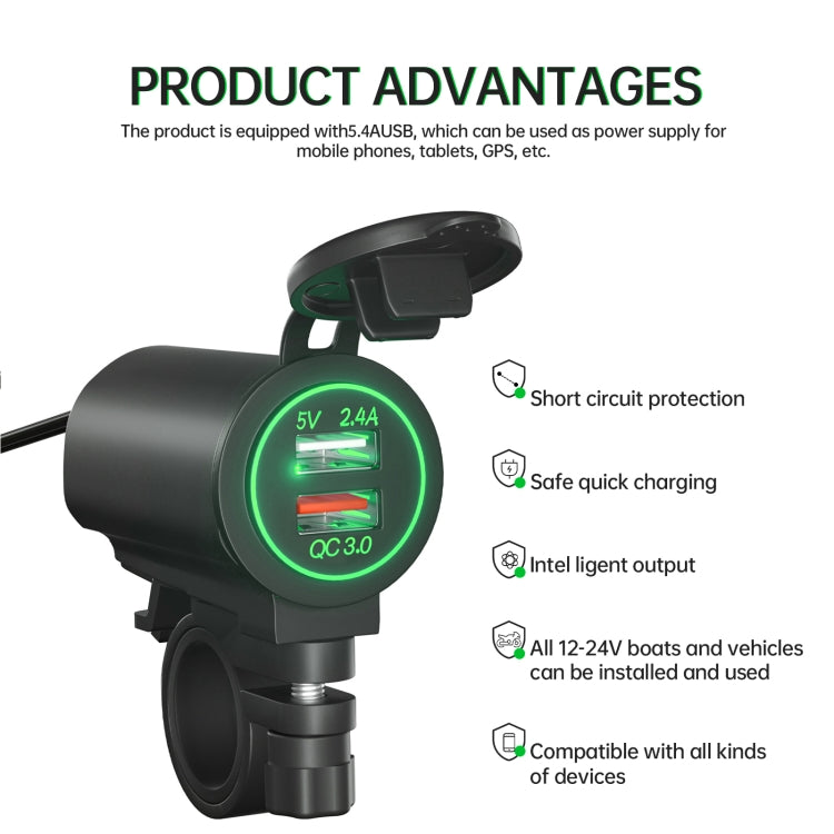 ZH-723F3 Car / Motorcycle QC3.0 Cell Phone Fast Charging Dual USB Car Charger(Green Light) - DIY Modified Charger by buy2fix | Online Shopping UK | buy2fix