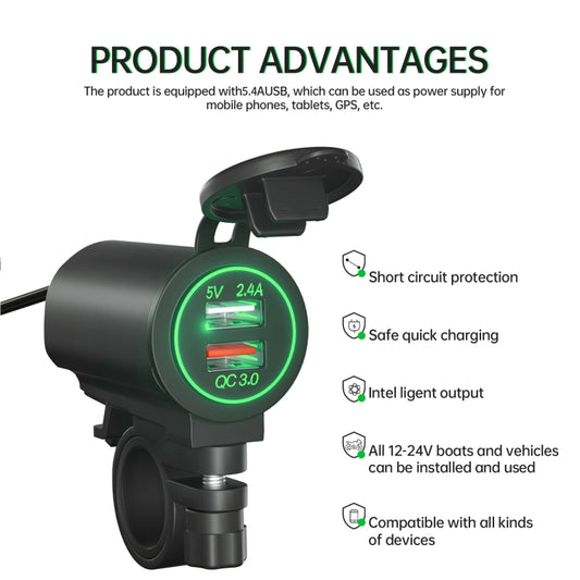 ZH-723F3 Car / Motorcycle QC3.0 Cell Phone Fast Charging Dual USB Car Charger(Green Light) by buy2fix
