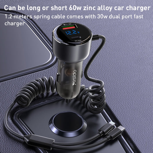 Yesido Y58 60W PD + QC3.0 Dual Port Car Fast Charger with USB-C / Type-C + 8 Pin Spring Cable by Yesido