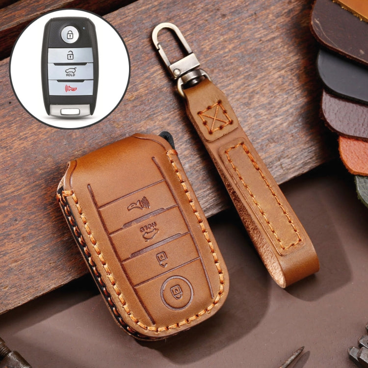 For Kia C133 4-button Hallmo Car Cowhide Leather Key Protective Cover Key Case(Brown) - Car Key Cases by Hallmo | Online Shopping UK | buy2fix