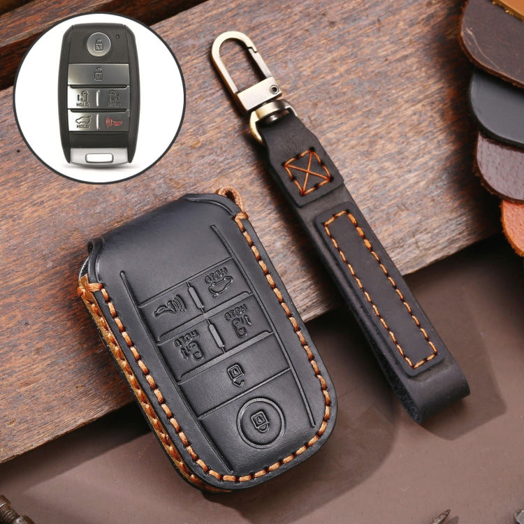 For Kia C134 6-button Hallmo Car Cowhide Leather Key Protective Cover Key Case(Black) - Car Key Cases by Hallmo | Online Shopping UK | buy2fix