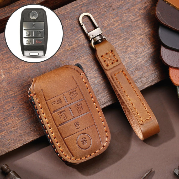 For Kia C134 6-button Hallmo Car Cowhide Leather Key Protective Cover Key Case(Brown) - Car Key Cases by Hallmo | Online Shopping UK | buy2fix