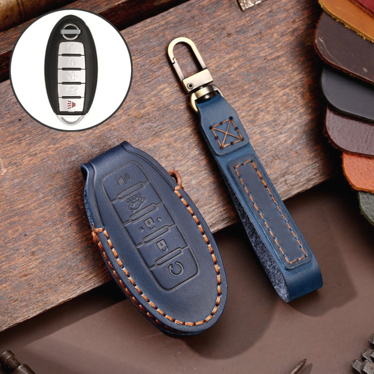 For Nissan 5-button Horn Hallmo Car Cowhide Leather Key Protective Cover Key Case(Blue) - Car Key Cases by Hallmo | Online Shopping UK | buy2fix