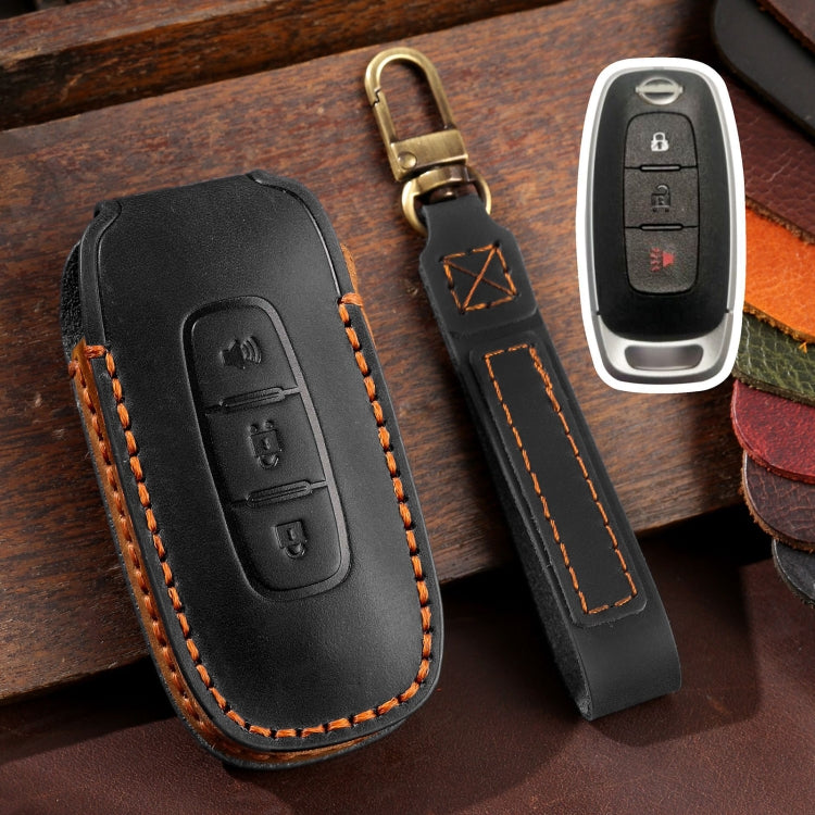 For Nissan Teana / Ariya 3-button Horn Hallmo Car Cowhide Leather Key Protective Cover Key Case(Black) - Car Key Cases by Hallmo | Online Shopping UK | buy2fix