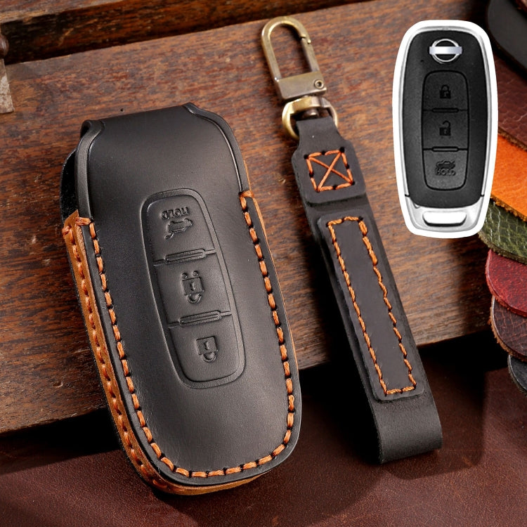 For Nissan Teana / Ariya 3-button Tail Box Hallmo Car Cowhide Leather Key Protective Cover Key Case(Black) - Car Key Cases by Hallmo | Online Shopping UK | buy2fix