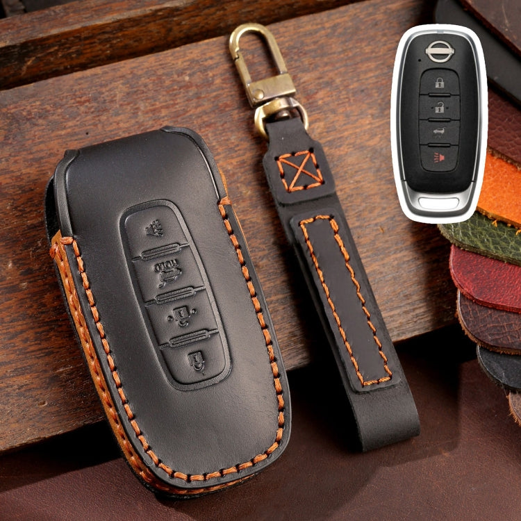 For Nissan Teana / Ariya 4-button Horn Hallmo Car Cowhide Leather Key Protective Cover Key Case(Black) - Car Key Cases by Hallmo | Online Shopping UK | buy2fix
