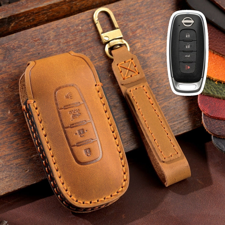 For Nissan Teana / Ariya 4-button Horn Hallmo Car Cowhide Leather Key Protective Cover Key Case(Brown) - Car Key Cases by Hallmo | Online Shopping UK | buy2fix