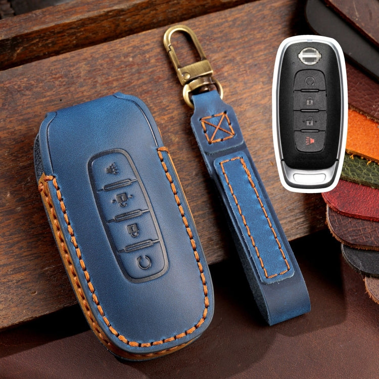 For Nissan Teana / Ariya 4-button Start Hallmo Car Cowhide Leather Key Protective Cover Key Case(Blue) - Car Key Cases by Hallmo | Online Shopping UK | buy2fix