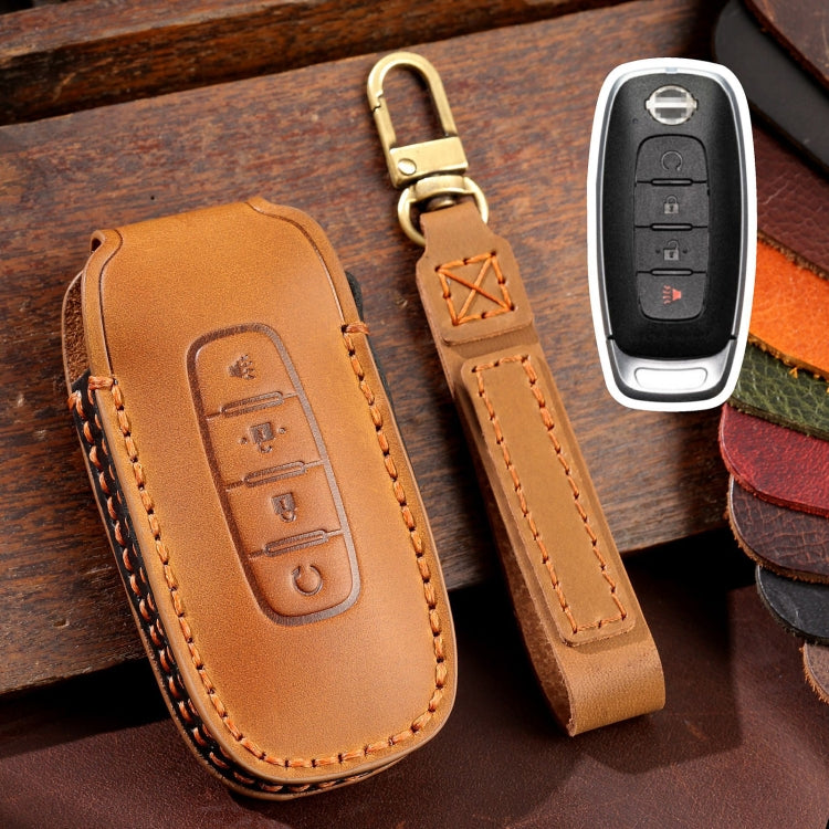 For Nissan Teana / Ariya 4-button Start Hallmo Car Cowhide Leather Key Protective Cover Key Case(Brown) - Car Key Cases by Hallmo | Online Shopping UK | buy2fix
