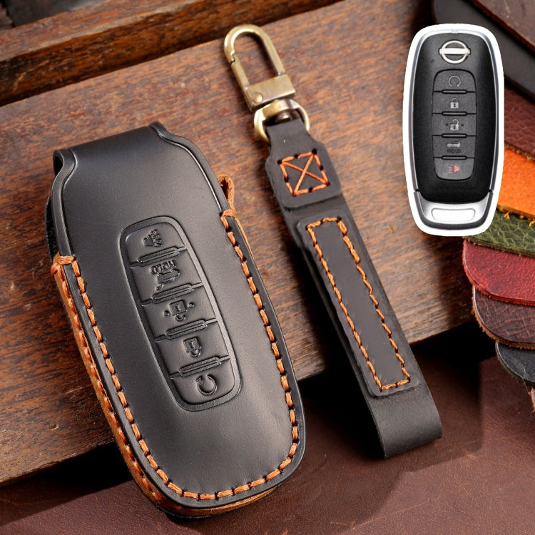 For Nissan Teana / Ariya 5-button Start Hallmo Car Cowhide Leather Key Protective Cover Key Case(Black) - Car Key Cases by Hallmo | Online Shopping UK | buy2fix