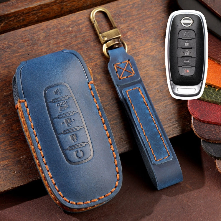 For Nissan Teana / Ariya 5-button Start Hallmo Car Cowhide Leather Key Protective Cover Key Case(Blue) - Car Key Cases by Hallmo | Online Shopping UK | buy2fix