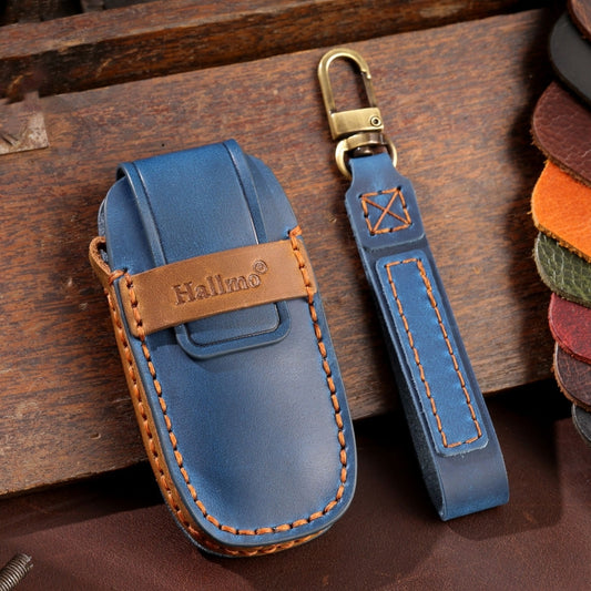 For Nissan Teana / Ariya 5-button Start Hallmo Car Cowhide Leather Key Protective Cover Key Case(Blue) by Hallmo