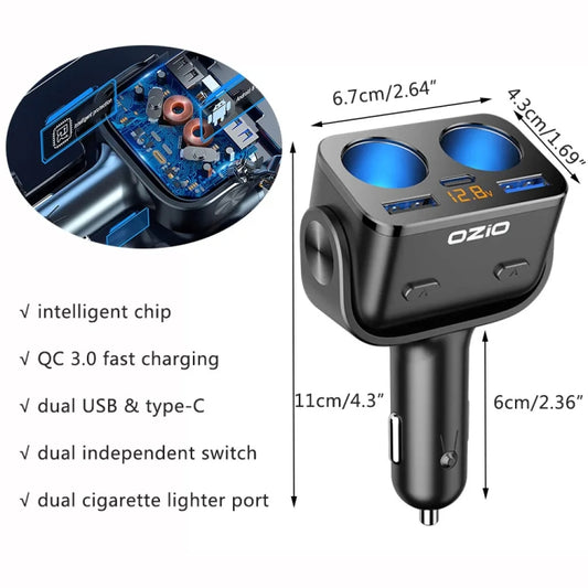 Ozio Y48TC QC3.0 + Type-C Dual Port Fast Charging Multi-function Car Charger Cigarette Lighter by ozio