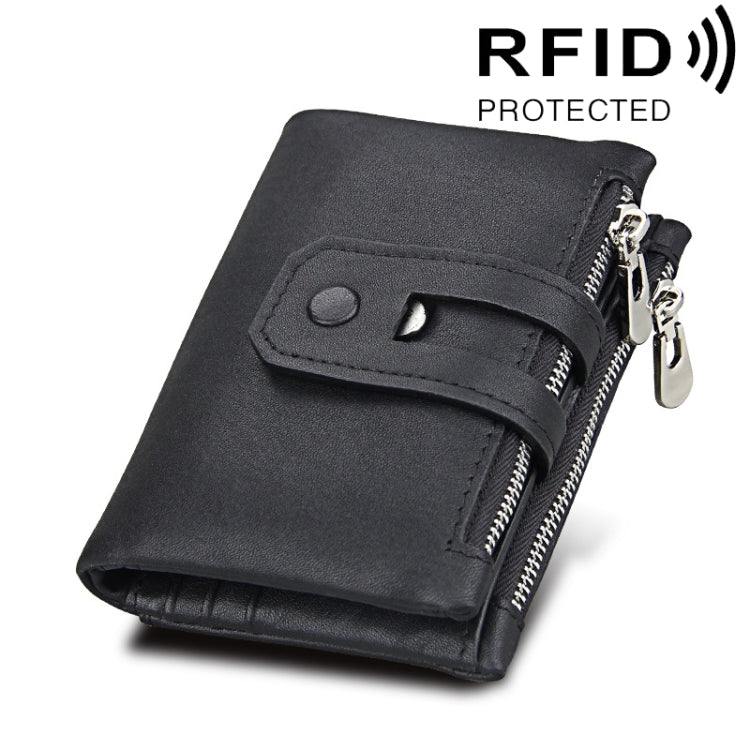 Genuine Cowhide Leather Crazy Horse Texture Zipper 3-folding Card Holder Wallet RFID Blocking Coin Purse Card Bag Protect Case for Men, Size: 12*9.5*3.5cm(Black) - Antimagnetic RFID Package by buy2fix | Online Shopping UK | buy2fix