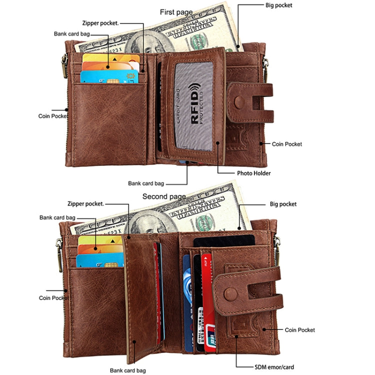 Genuine Cowhide Leather Crazy Horse Texture Zipper 3-folding Card Holder Wallet RFID Blocking Coin Purse Card Bag Protect Case for Men, Size: 12*9.5*3.5cm(Taupe) - Antimagnetic RFID Package by buy2fix | Online Shopping UK | buy2fix