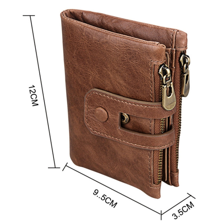 Genuine Cowhide Leather Crazy Horse Texture Zipper 3-folding Card Holder Wallet RFID Blocking Coin Purse Card Bag Protect Case for Men, Size: 12*9.5*3.5cm(Taupe) - Antimagnetic RFID Package by buy2fix | Online Shopping UK | buy2fix
