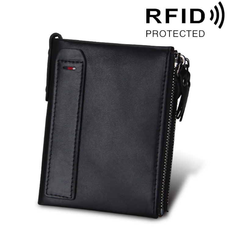 Genuine Cowhide Leather Crazy Horse Texture Dual Zipper Short Style Card Holder Wallet RFID Blocking Card Bag Protect Case for Men, Size: 12.1*9.4*2.7cm(Black) - Antimagnetic RFID Package by buy2fix | Online Shopping UK | buy2fix