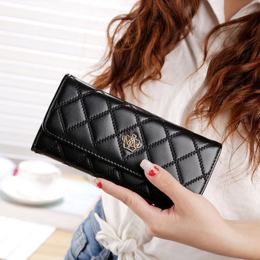 Fashion Argyles Texture Metal Crown 3-Folding Long Design PU Leather Wallet Coin Purse for Women(Black) by buy2fix