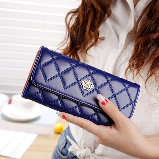 Fashion Argyles Texture Metal Crown 3-Folding Long Design PU Leather Wallet Coin Purse for Women(Dark Blue) by buy2fix