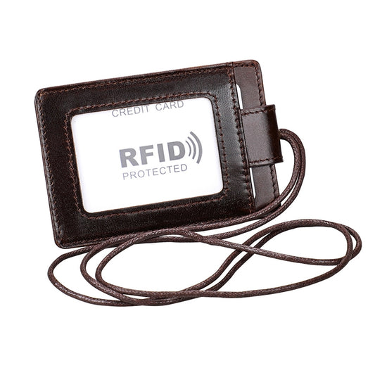 KB153 Antimagnetic RFID Leather Card Holder ID Card Badge with Lanyard(Coffee) by buy2fix