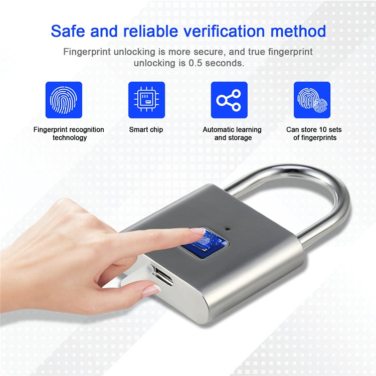 Stainless Steel Automatic Intelligent Fingerprint Padlock Electronic Lock, 10 Fingerprint Edition(Silver) - Padlocks by buy2fix | Online Shopping UK | buy2fix