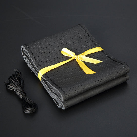 Car Genuine Leather Hand-stitched Adaptation Steering Wheel Cover, For Steering Wheel Size 37-38cm(Black) by buy2fix