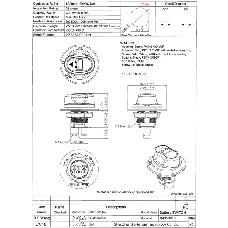 Jtron On/Off Car Battery Switch Car Battery Master Switch MAX DC 50V 50A CONT 75A INT Use for Cars / Off-road Vehicle / Truck - Car Switches by buy2fix | Online Shopping UK | buy2fix