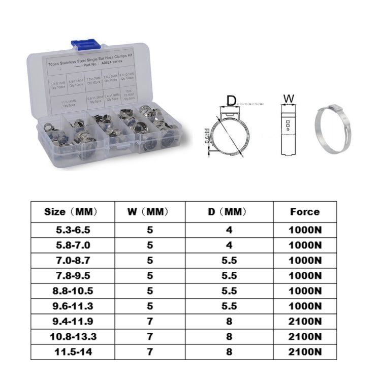70 PCS Adjustable Single Ear Plus Stainless Steel Hydraulic Hose Clamps O-Clips Pipe Fuel Air, Inside Diameter Range: 5.3-14mm by buy2fix