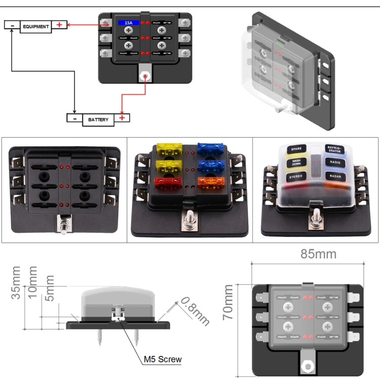1 in 6 Out Fuse Box PC Terminal Block Fuse Holder Kits with LED Warning Indicator for Auto Car Truck Boat - Fuse by buy2fix | Online Shopping UK | buy2fix