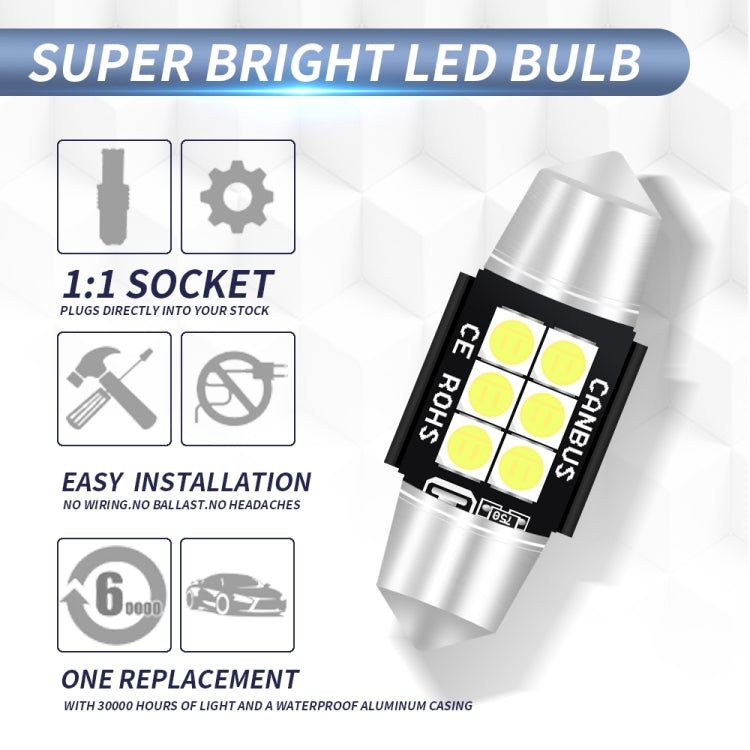 2 PCS 31mm DC12V-24V 3W 6000K 660LM 6LEDs SMD-3030 Car Reading Lamp / License Plate Light - License Plate Lights by buy2fix | Online Shopping UK | buy2fix