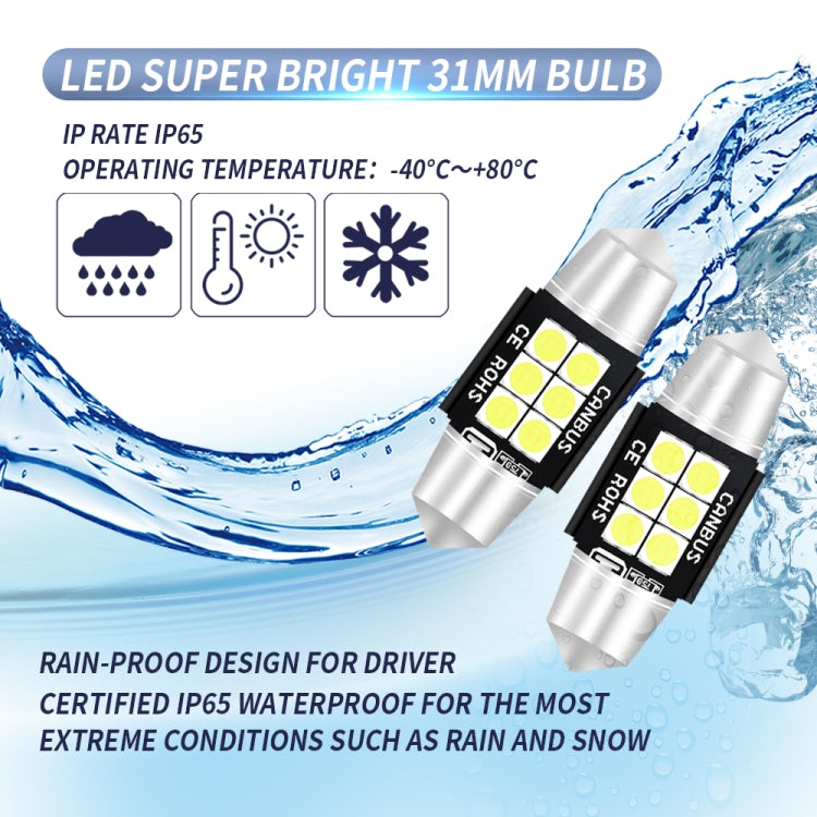 2 PCS 31mm DC12V-24V 3W 6000K 660LM 6LEDs SMD-3030 Car Reading Lamp / License Plate Light - License Plate Lights by buy2fix | Online Shopping UK | buy2fix
